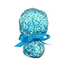 Load image into Gallery viewer, Blue Bloom Ponytail Scrub Cap
