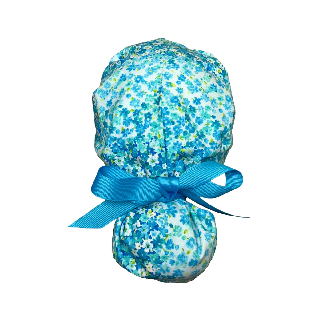 Blue Bloom Ponytail Scrub Cap