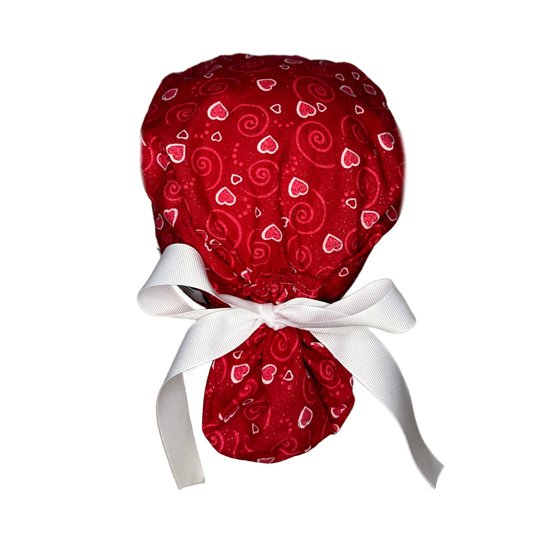 Red Hearts Ponytail Scrub Cap